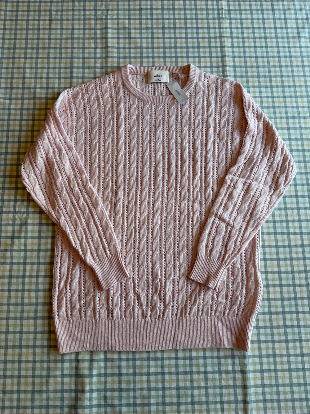 Aritzia Wilfred Light Pink Cable Knit Crewneck Sweater